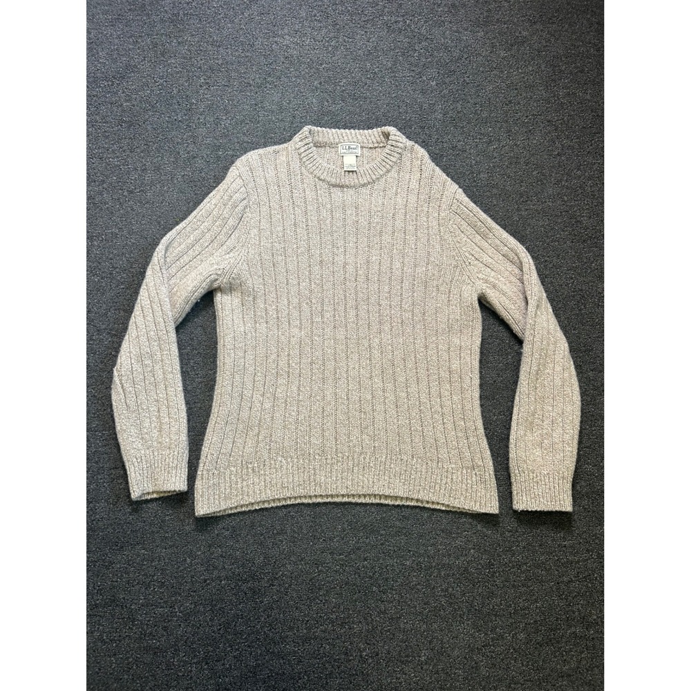 LL Bean Ribbed Knit Lambswool Crewneck Sweater Oatmeal Mens Large Outdoor 500586